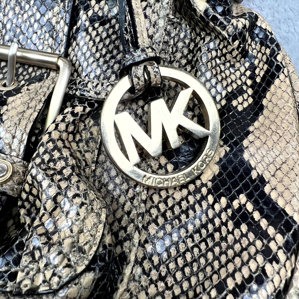 Michael Kors Womens Satchel Bag Brown Tan Python Skin Double Handle Shoulder Bag - Picture 2 of 16